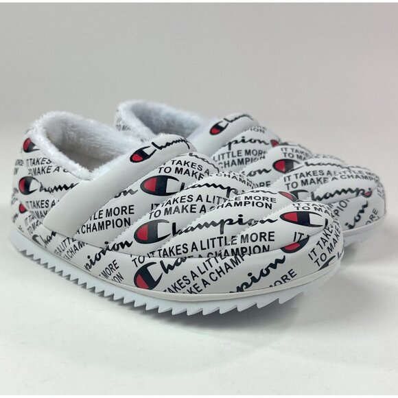 Champion Varsity Reflective Logo Silver / Black Fux Fur Slippers Unisex - Picture 2 of 10